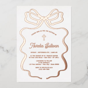 Simple Rose Gold Bow Baptism Foil Invitation