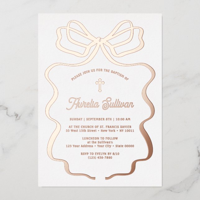 Simple Rose Gold Bow Baptism Foil Invitation (Front)