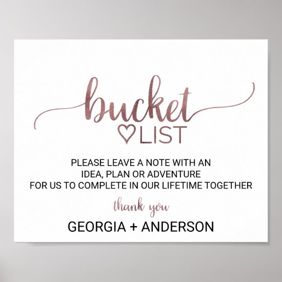 Simple Rose Gold Calligraphy Bucket List Sign