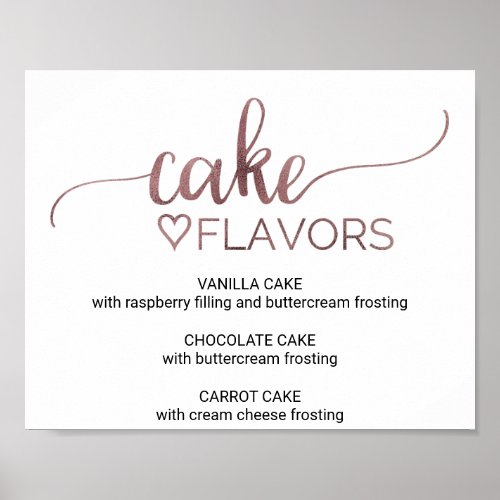 Simple Rose Gold Calligraphy Cake Flavors Sign