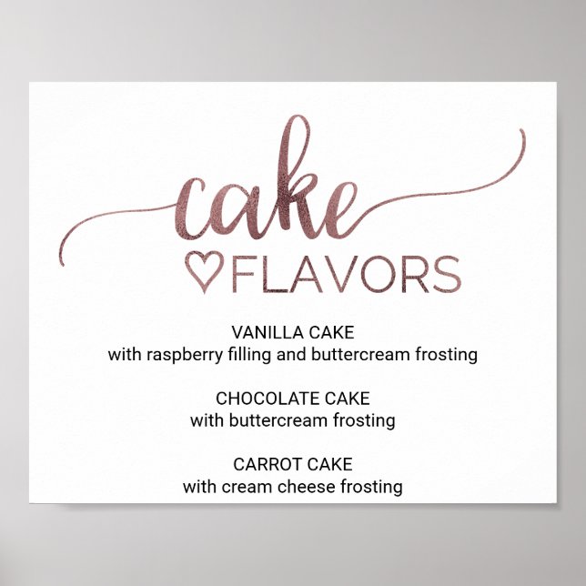 Simple Rose Gold Calligraphy Cake Flavors Sign (Front)