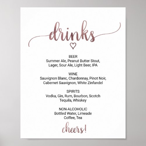 Simple Rose Gold Calligraphy Drink Menu Sign