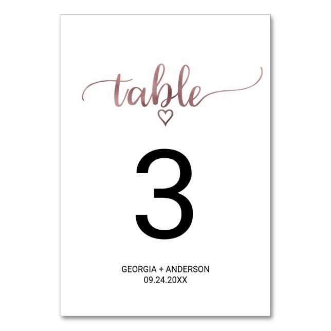 Simple Rose Gold Calligraphy Wedding Table Number (Front)