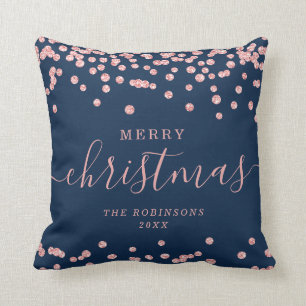 Simple Rose Gold Christmas Holidays Glitter Navy Throw Pillow