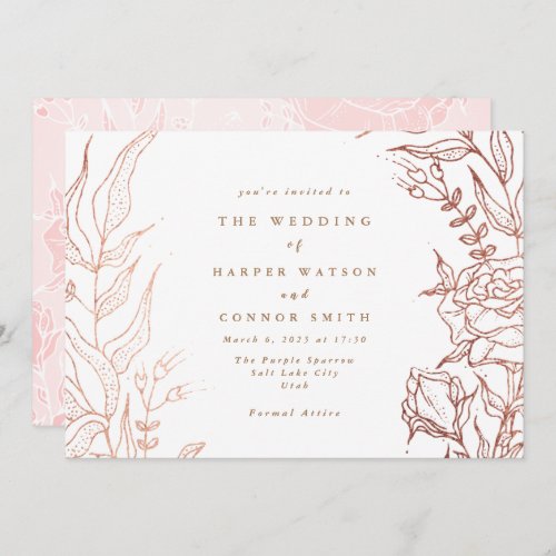 Simple Rose Gold Copper Elegant Floral Wedding Invitation
