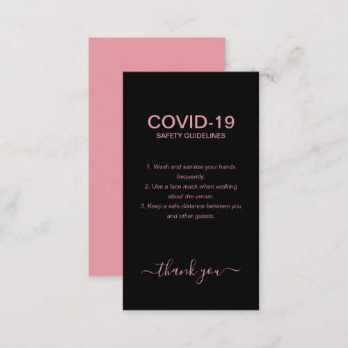 Simple Rose Gold Covid Safety Guidelines Black  Business Card