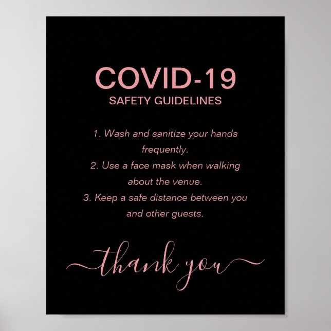 Simple Rose Gold Covid Safety Guidelines Black  Poster (Front)