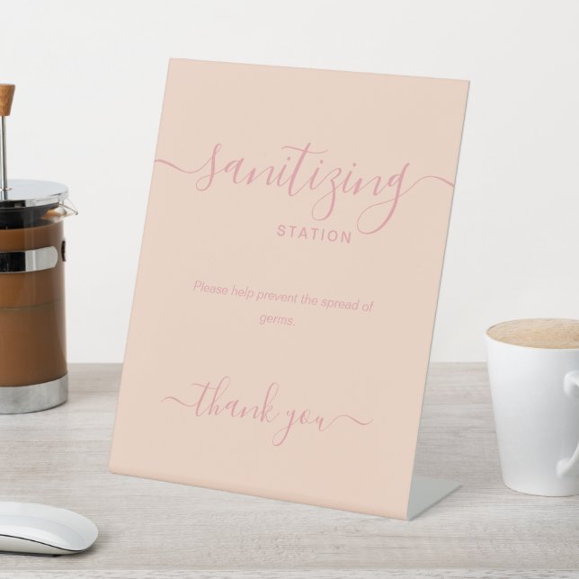 Simple Rose Gold Covid Sanitizing Station Blush  Pedestal Sign (In SItu)
