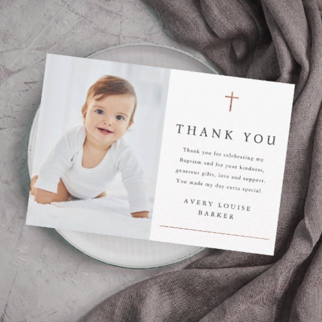 Simple Rose Gold Cross Photo Religious Baptism Thank You Card (Elegant and simple photo baptism thank you card with rose gold foil cross and minimal typography.)
