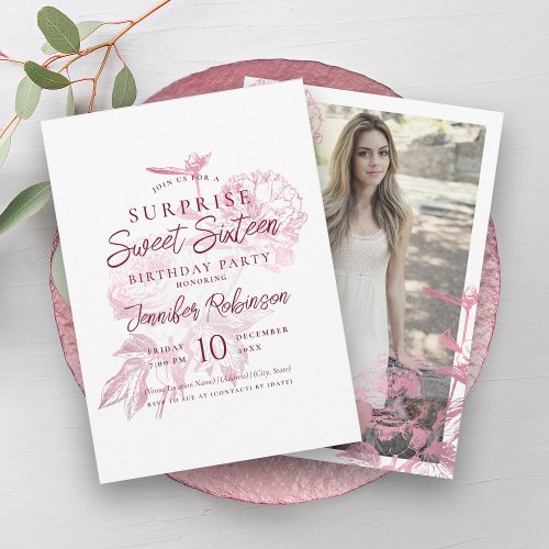 Simple Rose Gold Floral Photo SURPRISE Sweet 16   Invitation