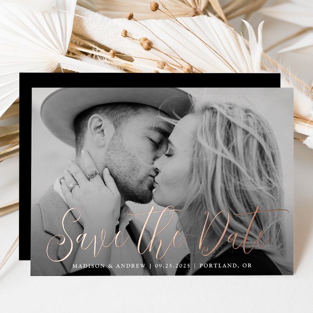 Simple Rose Gold Foil Script Photo Save the Date Invitation (Creator Uploaded)