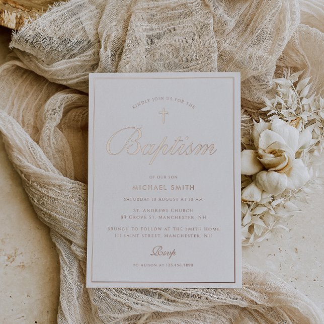 simple rose gold frame modern baptism foil invitation (Creator Uploaded)