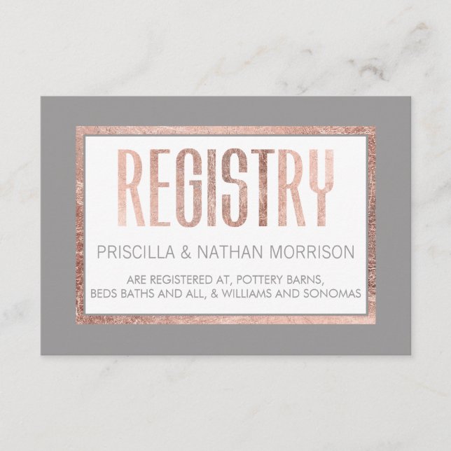 Simple Rose Gold Frame Slate Gray Gift Registry Enclosure Card (Front)
