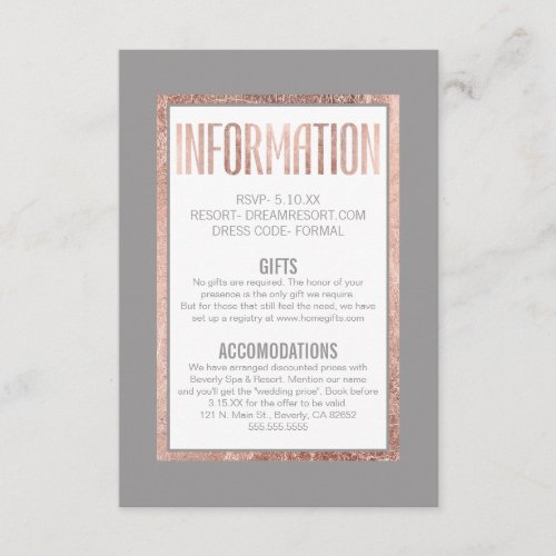 Simple Rose Gold Frame Slate Gray Information Enclosure Card