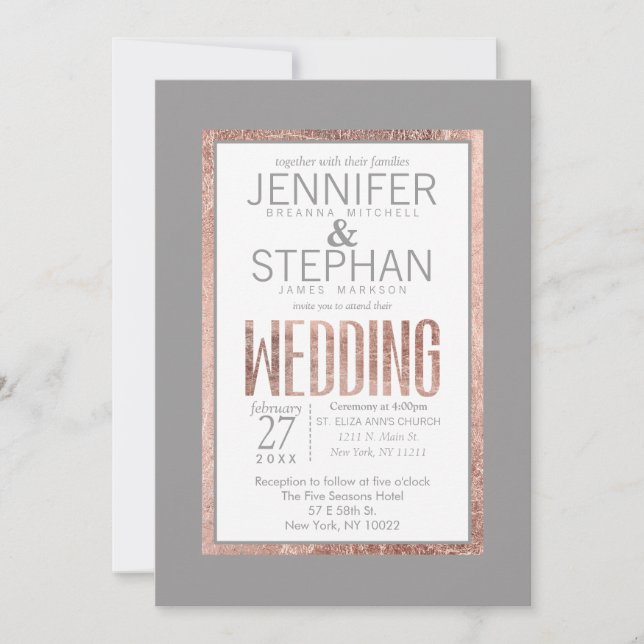 Simple Rose Gold Frame Slate Gray Wedding Invitation (Front)