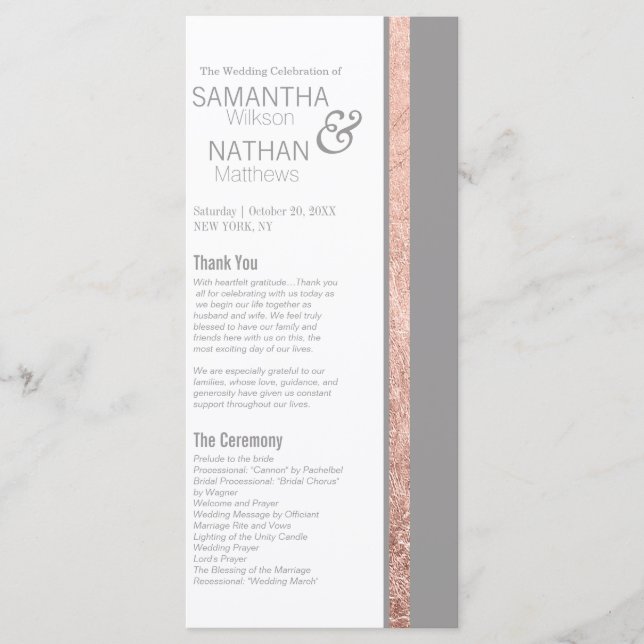 Simple Rose Gold Frame Slate Gray Wedding Program (Front)