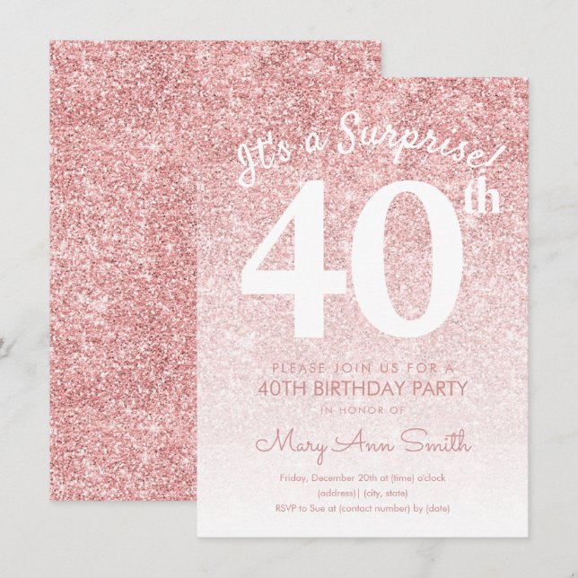 Simple Rose Gold Glitter 40th Birthday Party  Invitation (Front/Back)