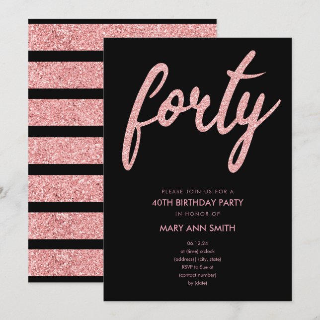 Simple Rose Gold Glitter 40th Birthday Party Invitation (Front/Back)