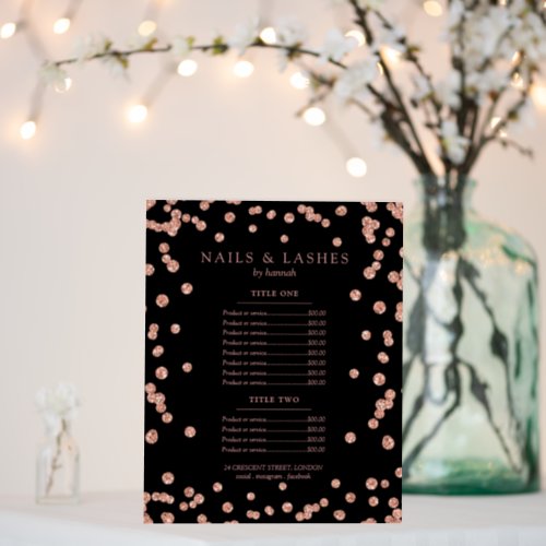 Simple Rose Gold Glitter Confetti Price Menu Black Foam Board