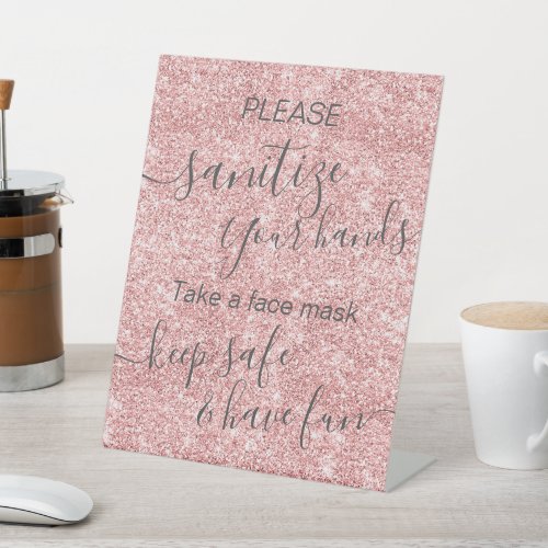 Simple Rose Gold Glitter Safety Sanitize Mask Info Pedestal Sign