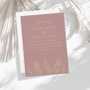 Simple Rose Gold Golden Leaf Wedding Invitation