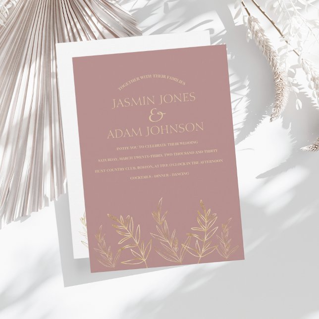 Simple Rose Gold Golden Leaf Wedding Invitation (Creator Uploaded)