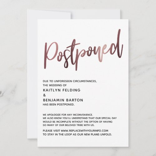 Simple Rose Gold Handwriting Postponed Wedding Car Invitation