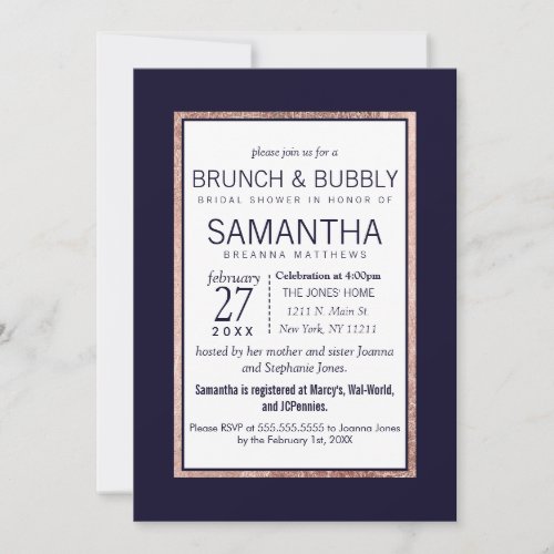 Simple Rose Gold Lined Navy Blue Brunch Bubbly Invitation