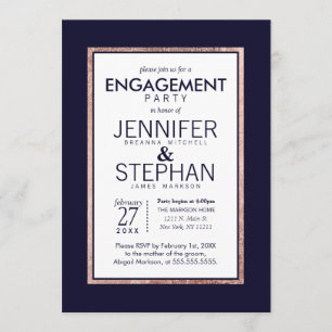 Simple Rose Gold Lined Navy Blue Engagement Party Invitation