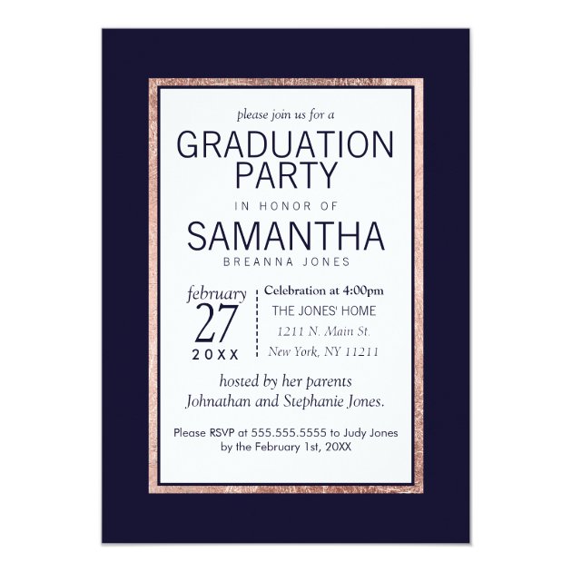 Simple Rose Gold Lined Navy Blue Graduation Party Invitation