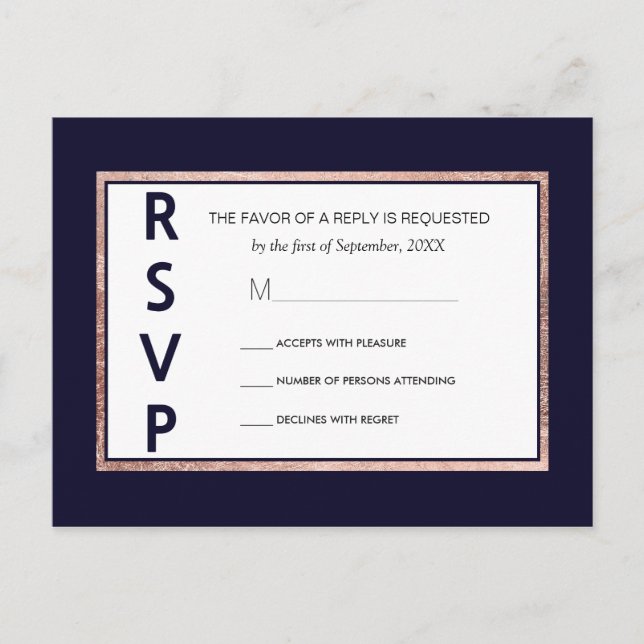 Simple Rose Gold Lined Navy Blue RSVP Postcards (Front)