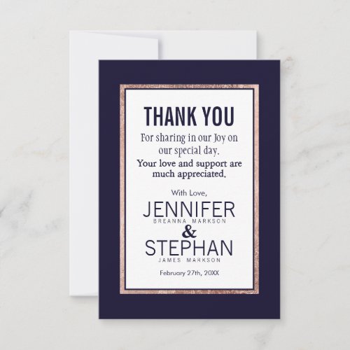 Simple Rose Gold Lined Navy Blue Thank You Cards