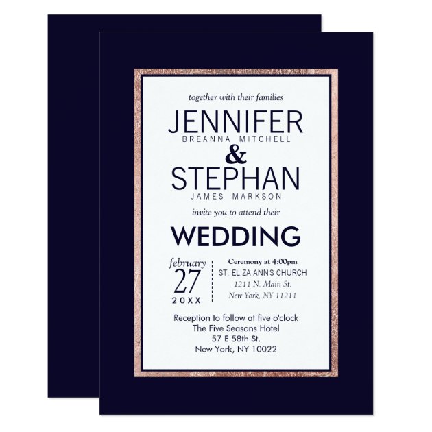 Simple Rose Gold Lined Navy Blue Wedding Invitation