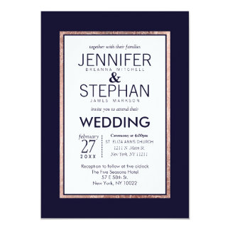 Simple Rose Gold Lined Navy Blue Wedding Card