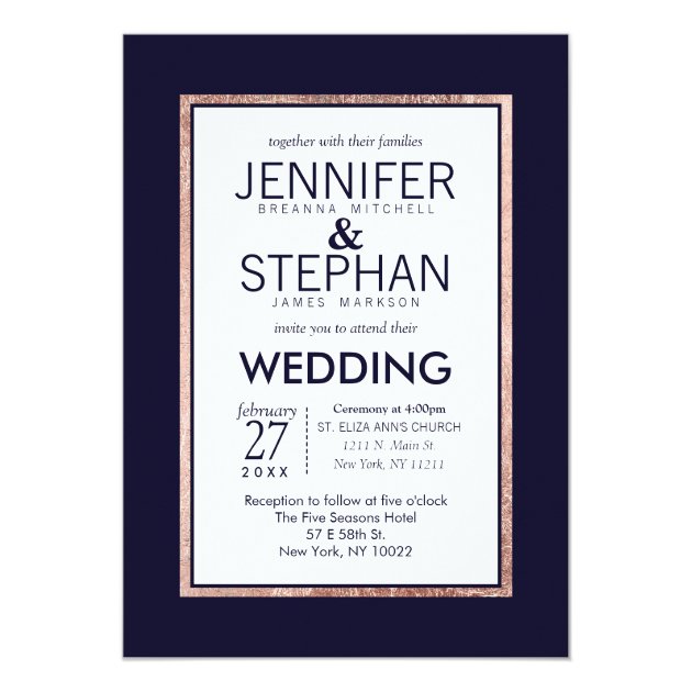 Simple Rose Gold Lined Navy Blue Wedding Invitation
