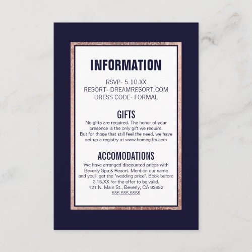 Simple Rose Gold Lined Navy Blue Wedding Details Enclosure Card