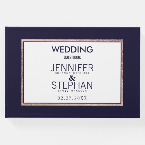 Simple Rose Gold Lined Navy Blue Wedding Guest Book