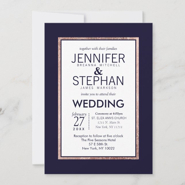 Simple Rose Gold Lined Navy Blue Wedding Invitation (Front)