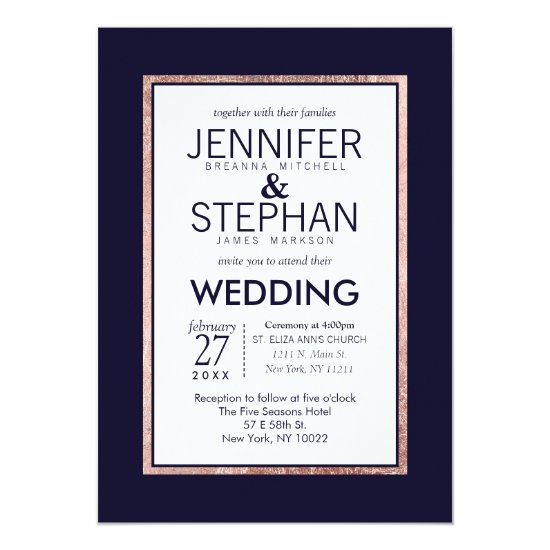 Simple Rose Gold Lined Navy Blue Wedding Invitation