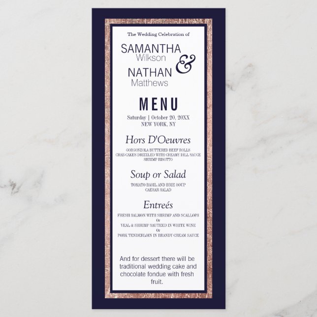Simple Rose Gold Lined Navy Blue Wedding Menu (Front)