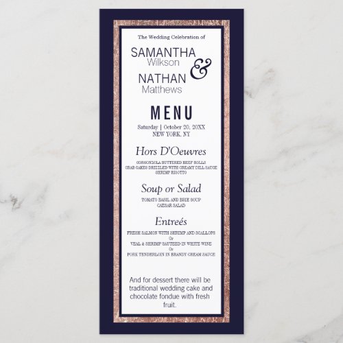 Simple Rose Gold Lined Navy Blue Wedding Menu