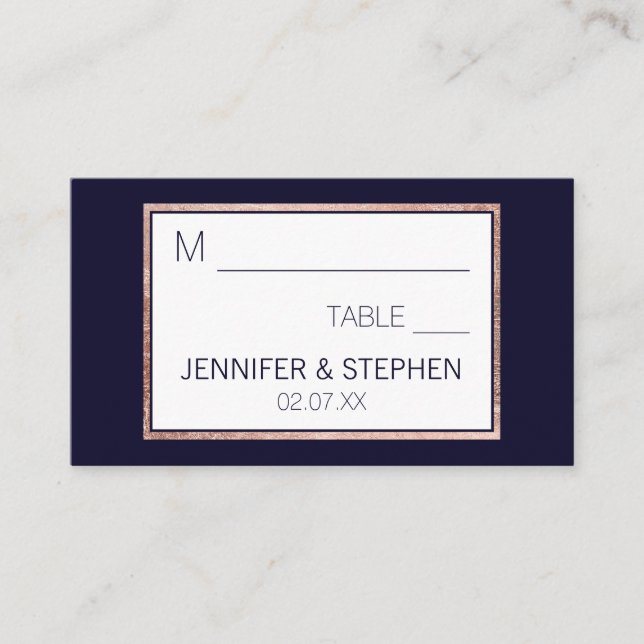 Simple Rose Gold Lined Navy Blue Wedding Place Card (Front)