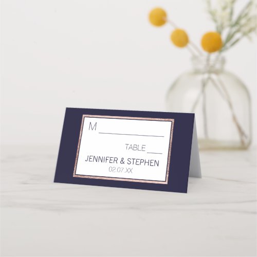 Simple Rose Gold Lined Navy Blue Wedding Place Card