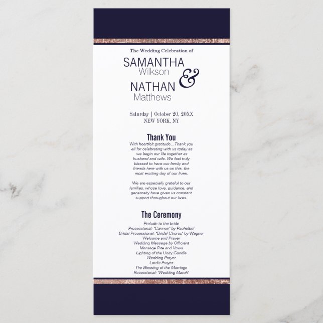 Simple Rose Gold Lined Navy Blue Wedding Programs (Front)
