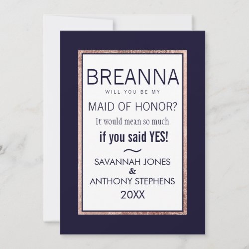 Simple Rose Gold Lined Navy Maid of Honor Invitation