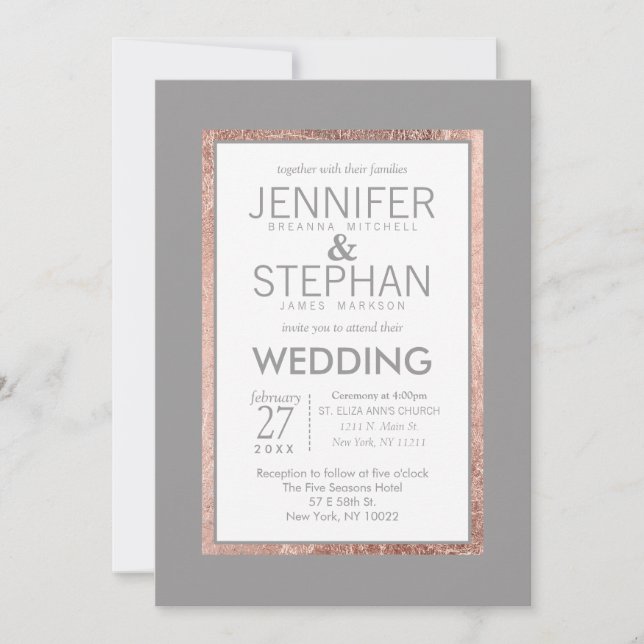 Simple Rose Gold Lined Slate Gray Wedding Invitation (Front)