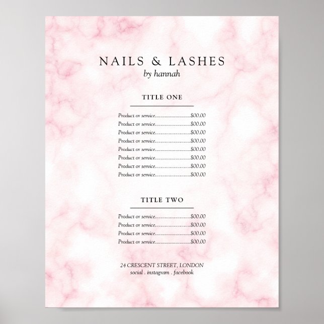 Simple Rose Gold Marble Price Menu  Poster (Front)
