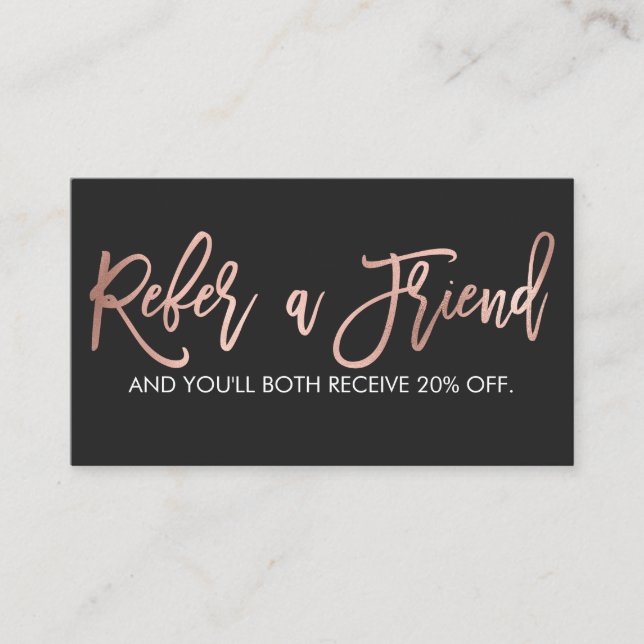 Simple Rose Gold Modern Typography Black White Referral Card (Front)
