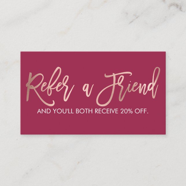 Simple Rose Gold Modern Typography Dark Pink Referral Card (Front)