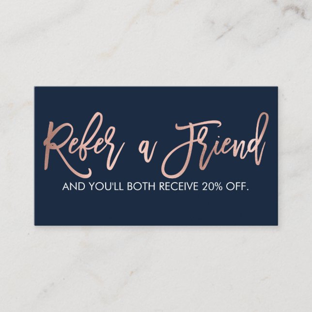 Simple Rose Gold Modern Typography Navy Blue Referral Card (Front)